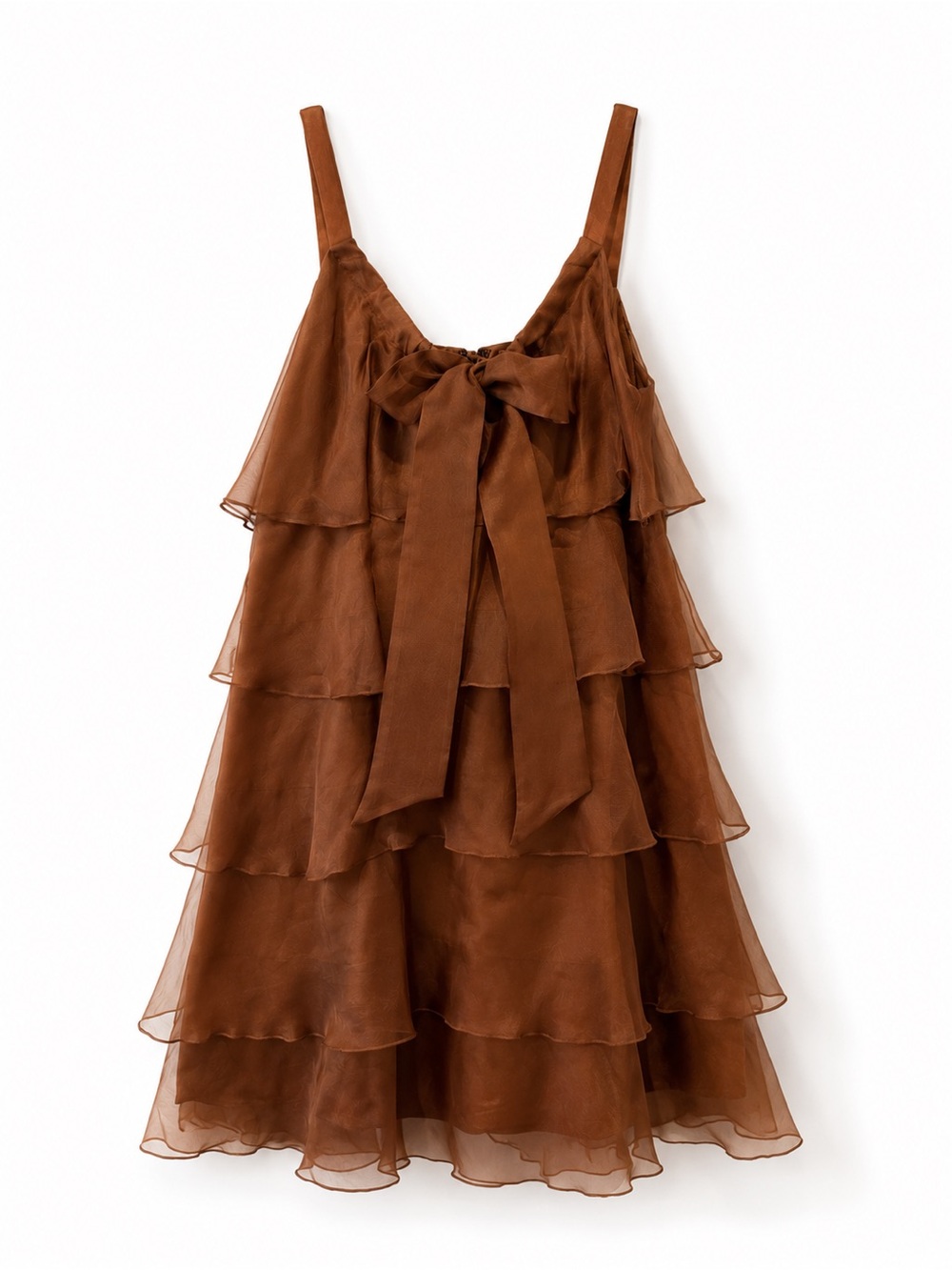 Anthropologie Silk Tiered Ruffle Mini Dress Brown Bow Front Size S